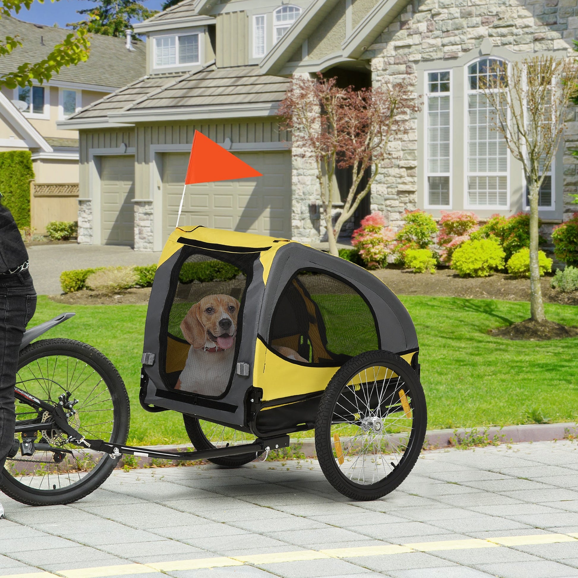 KFX-1448253 Dog Bike Trailer for Medium Pets - Yellow Outdoor Stroller with Zippered Doors and Safety Features