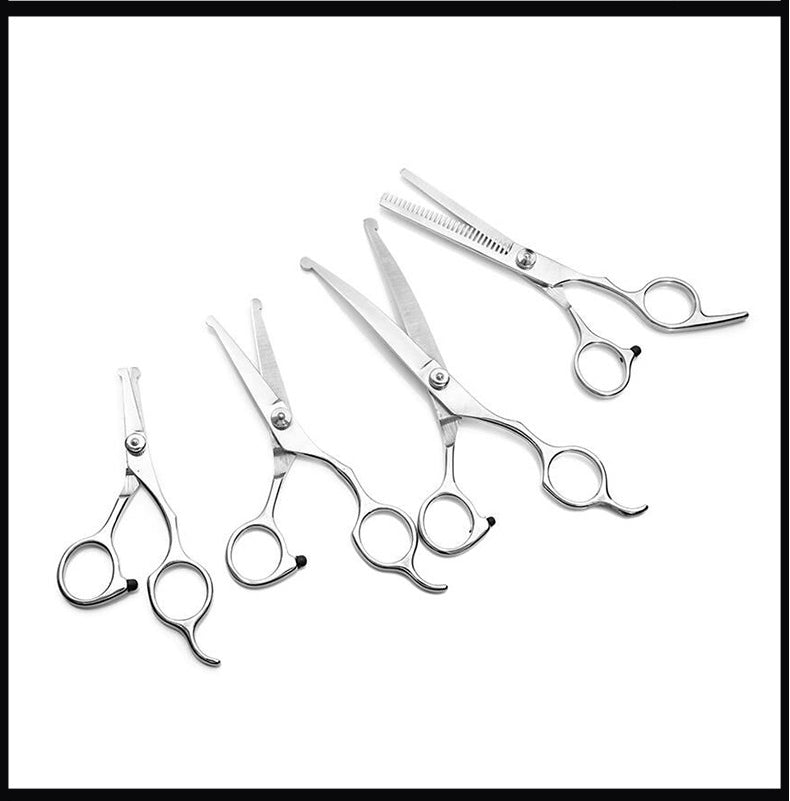 KFX-1448381 Stainless Steel Pet Scissors Set with Round Head Design, Comb, Cleaning Cloth, and Storage Bag