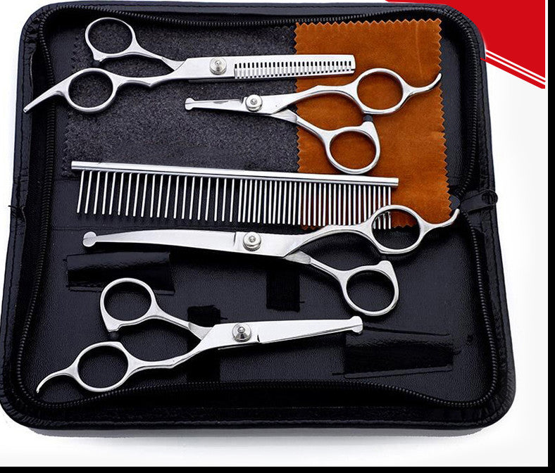 KFX-1448381 Stainless Steel Pet Scissors Set with Round Head Design, Comb, Cleaning Cloth, and Storage Bag