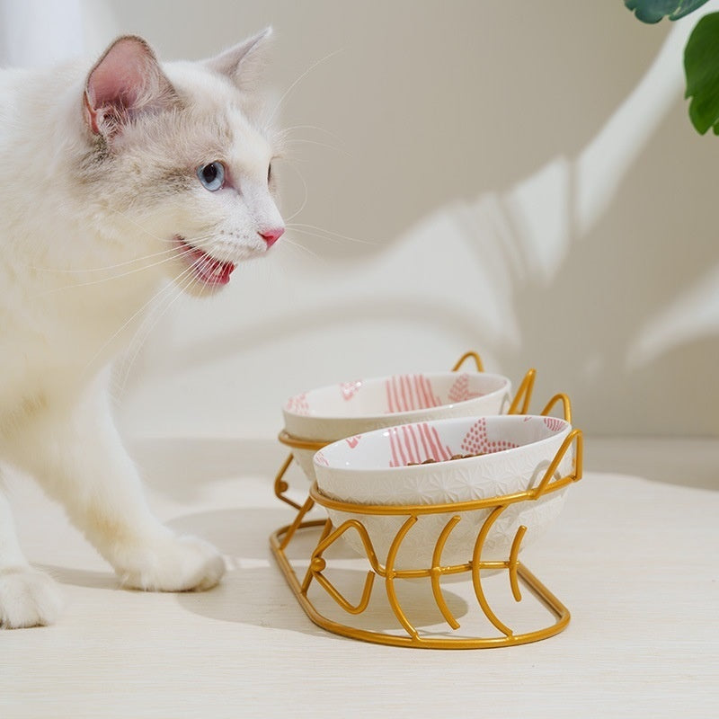KFX-1452733 Ceramic Cat Bowl Set with Adjustable Tilt and Cat Ear Design - 300ml Capacity, Suitable for Cats