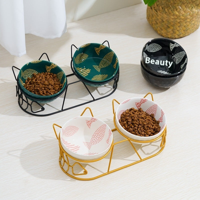 KFX-1452733 Ceramic Cat Bowl Set with Adjustable Tilt and Cat Ear Design - 300ml Capacity, Suitable for Cats