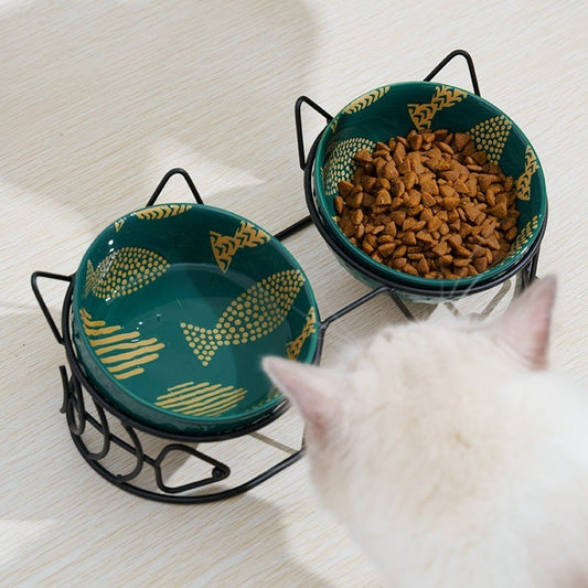 KFX-1452733 Ceramic Cat Bowl Set with Adjustable Tilt and Cat Ear Design - 300ml Capacity, Suitable for Cats
