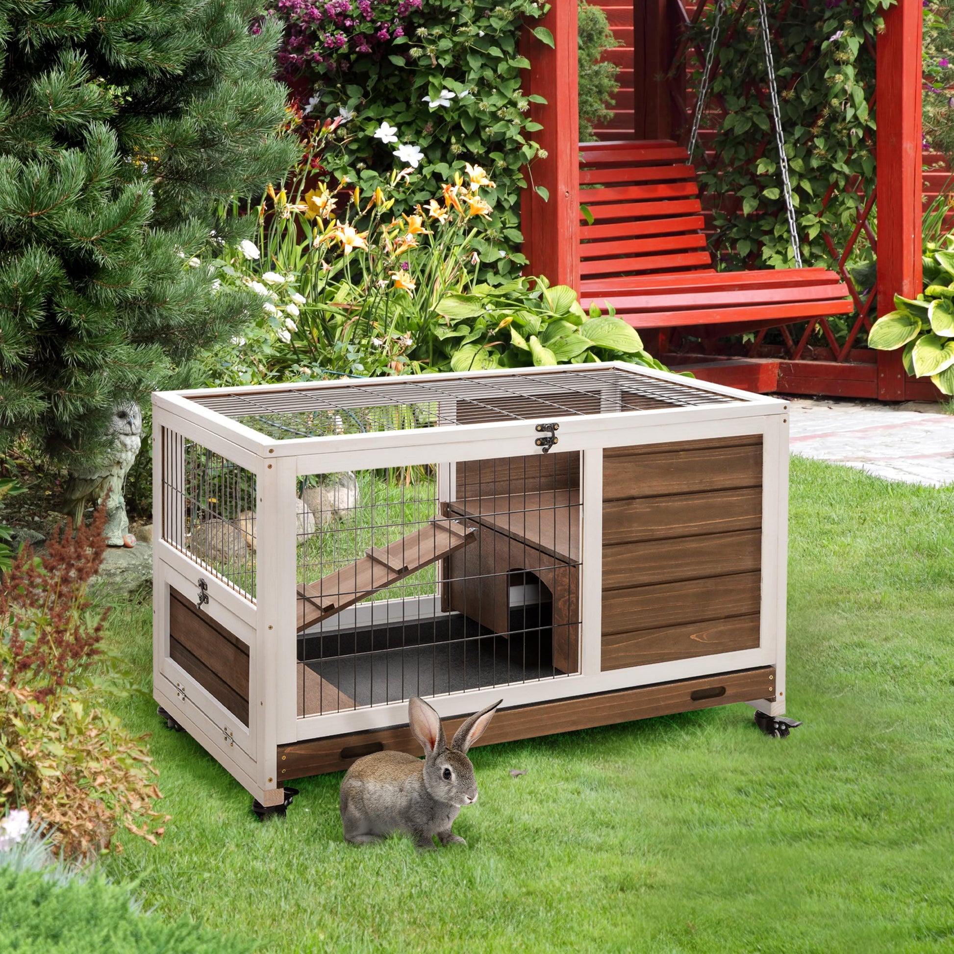 KFX-1461949 Indoor Rabbit Cage on Wheels with Pull-Out Tray, Ramp, and Lockable Door - Ideal for Small Animals, Brown, 35.5" x 21" x 23"