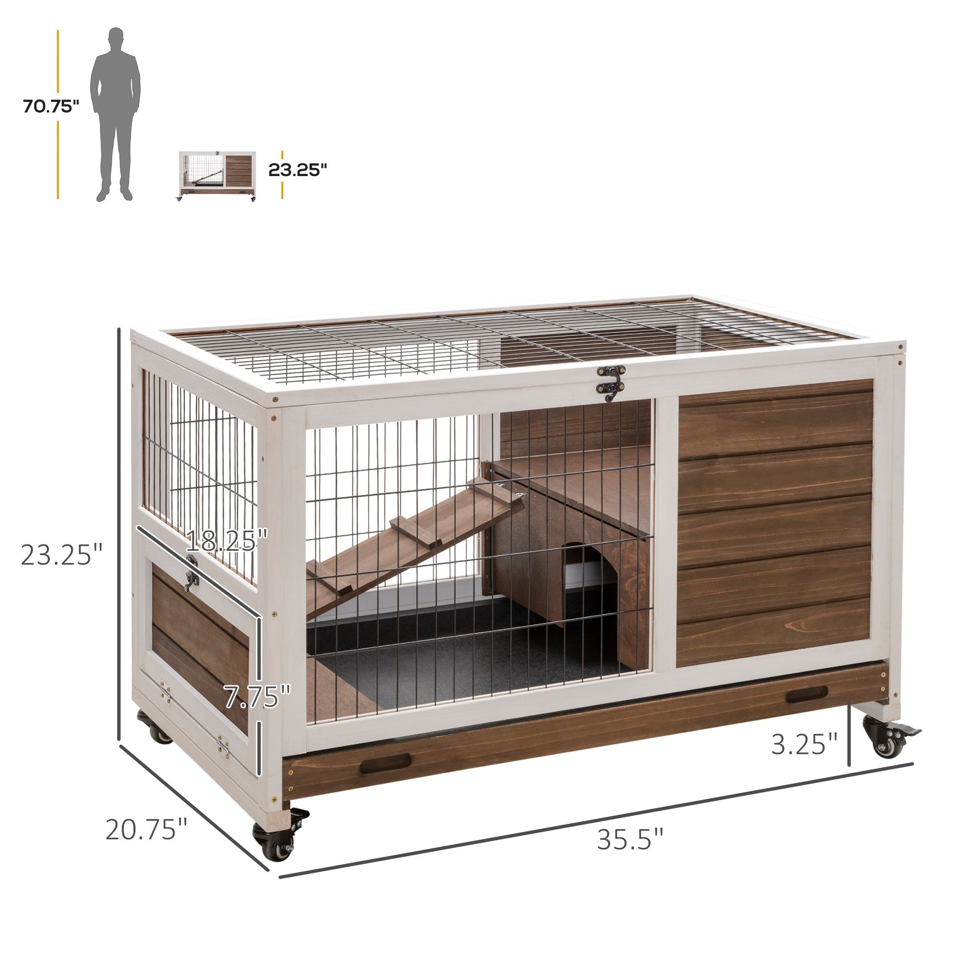 KFX-1461949 Indoor Rabbit Cage on Wheels with Pull-Out Tray, Ramp, and Lockable Door - Ideal for Small Animals, Brown, 35.5" x 21" x 23"