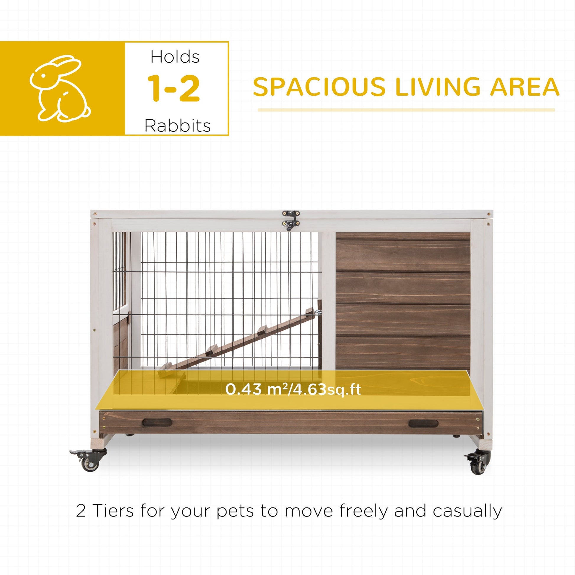 KFX-1461949 Indoor Rabbit Cage on Wheels with Pull-Out Tray, Ramp, and Lockable Door - Ideal for Small Animals, Brown, 35.5" x 21" x 23"