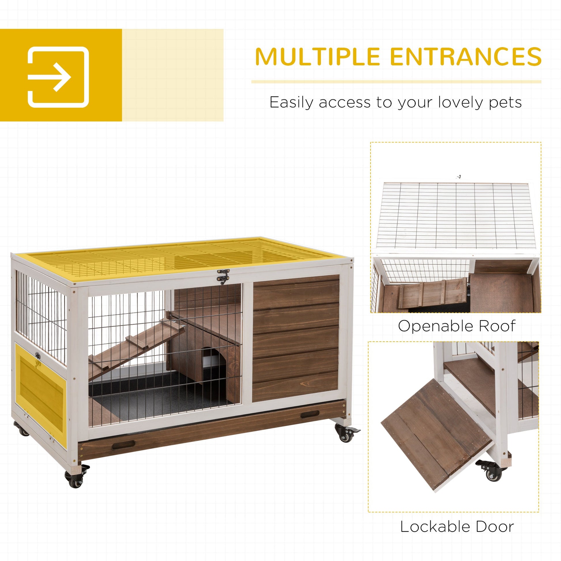 KFX-1461949 Indoor Rabbit Cage on Wheels with Pull-Out Tray, Ramp, and Lockable Door - Ideal for Small Animals, Brown, 35.5" x 21" x 23"