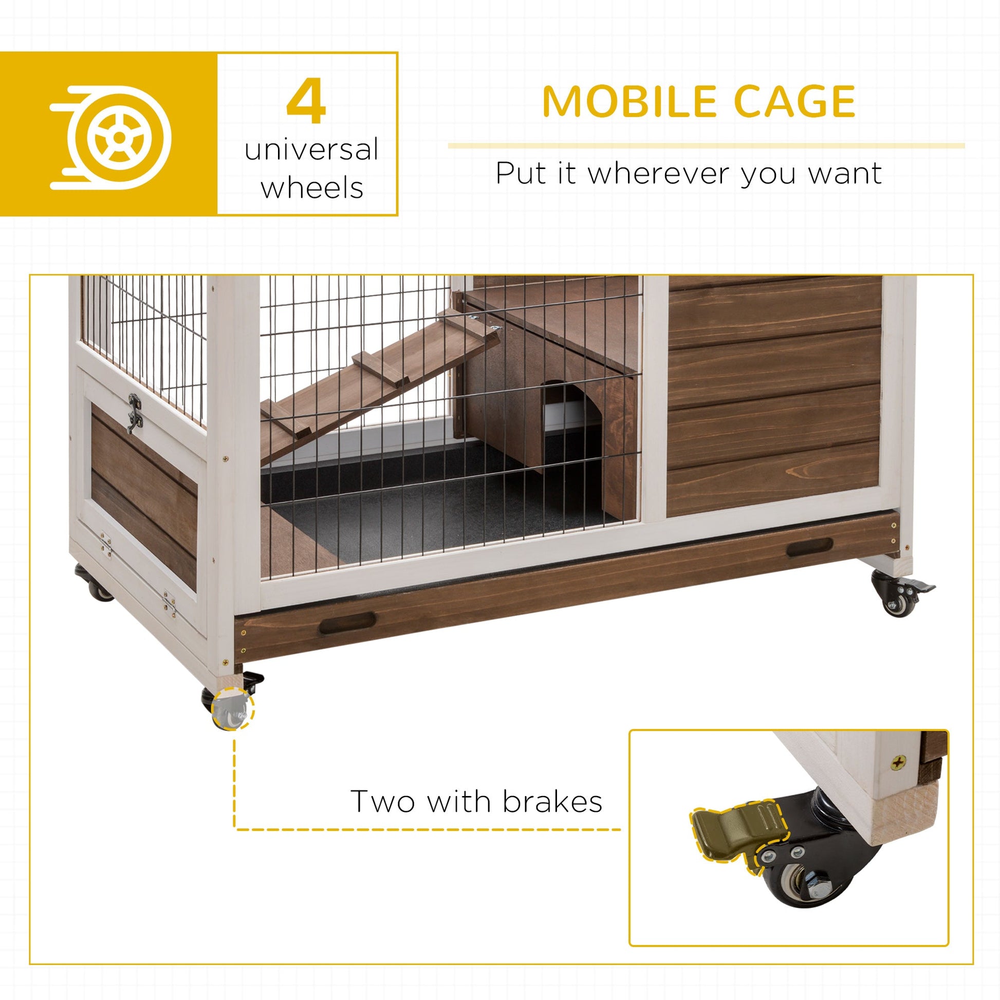 KFX-1461949 Indoor Rabbit Cage on Wheels with Pull-Out Tray, Ramp, and Lockable Door - Ideal for Small Animals, Brown, 35.5" x 21" x 23"