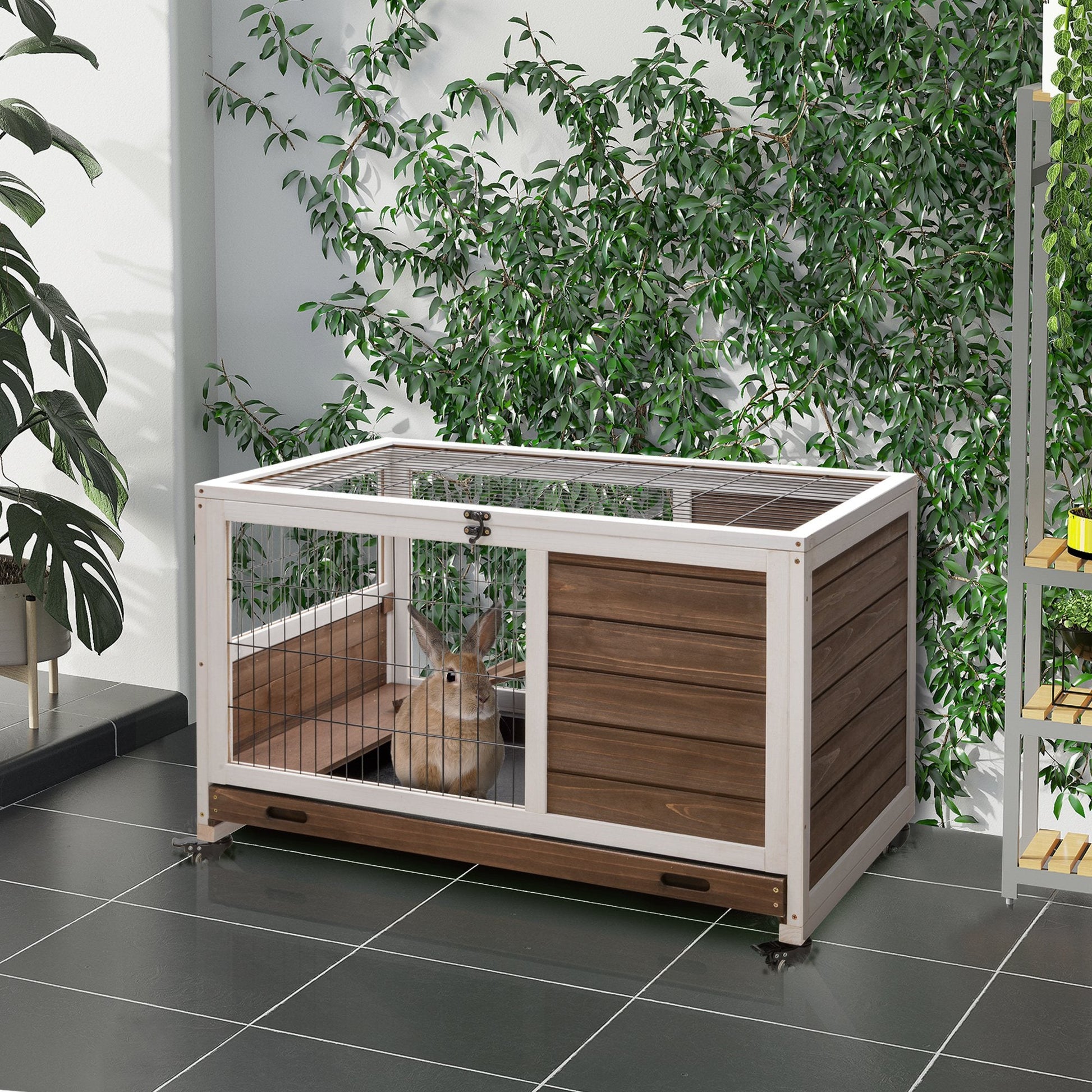 KFX-1461949 Indoor Rabbit Cage on Wheels with Pull-Out Tray, Ramp, and Lockable Door - Ideal for Small Animals, Brown, 35.5" x 21" x 23"