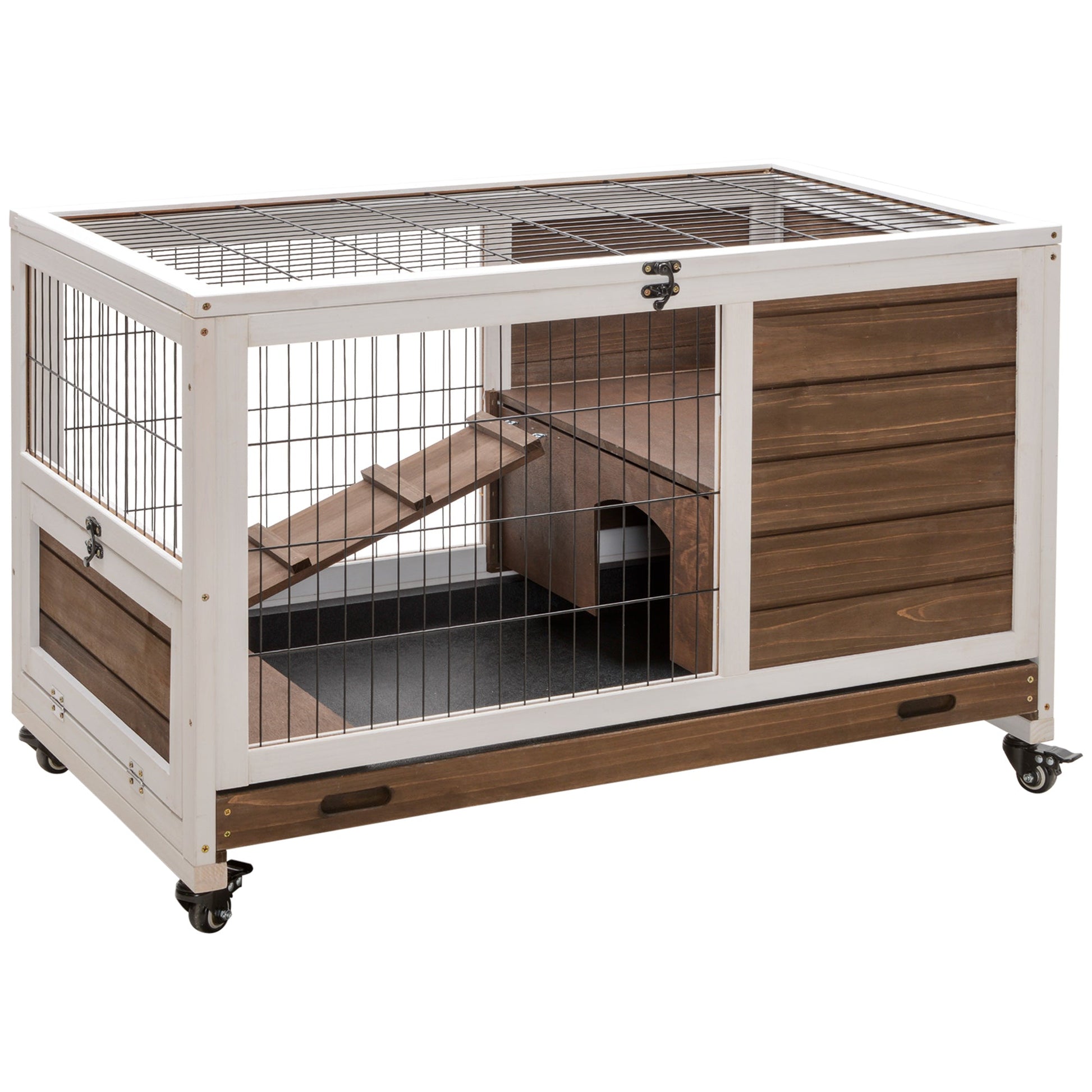 KFX-1461949 Indoor Rabbit Cage on Wheels with Pull-Out Tray, Ramp, and Lockable Door - Ideal for Small Animals, Brown, 35.5" x 21" x 23"