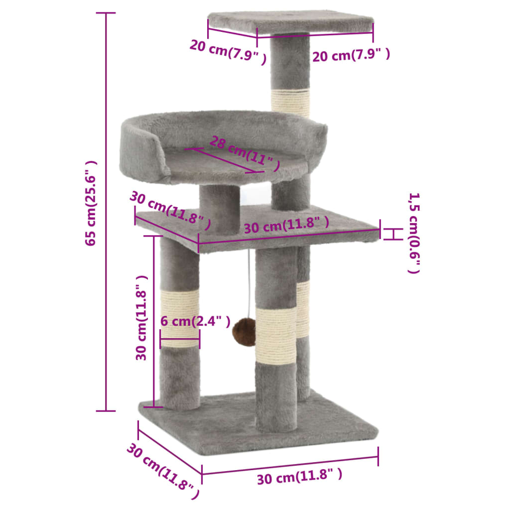KFX-1473085 Versatile Cat Scratching Post with Sisal Columns, Plush Surface, and Viewing Platforms - 65 cm