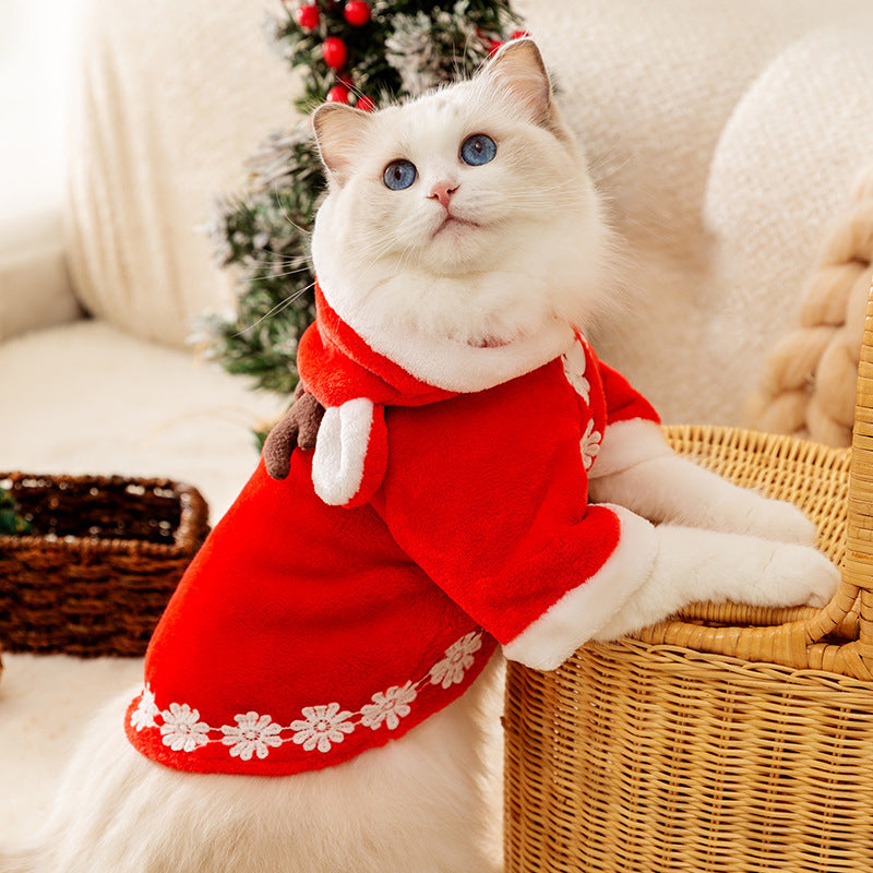 KFX-1480125 Warm Hooded Cape with Christmas Antlers for Pets in Green Elk and Red Sweater Designs