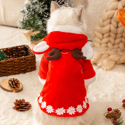 KFX-1480125 Warm Hooded Cape with Christmas Antlers for Pets in Green Elk and Red Sweater Designs