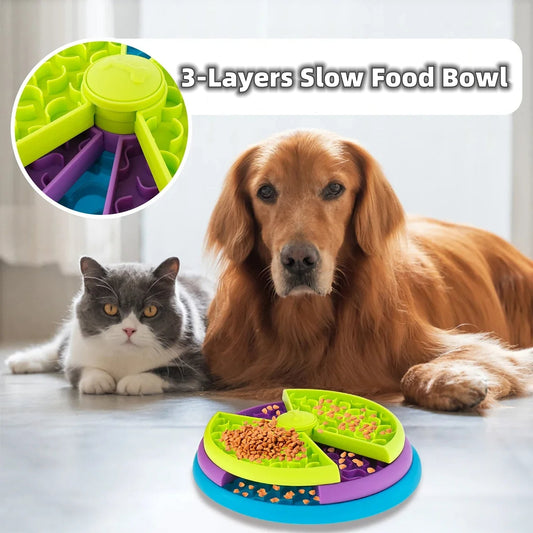 KFX-1481533 Interactive 3-Layer Rotating Slow Feeder Bowl for Cats and Dogs - Anti-Choking Puzzle Pet Tableware