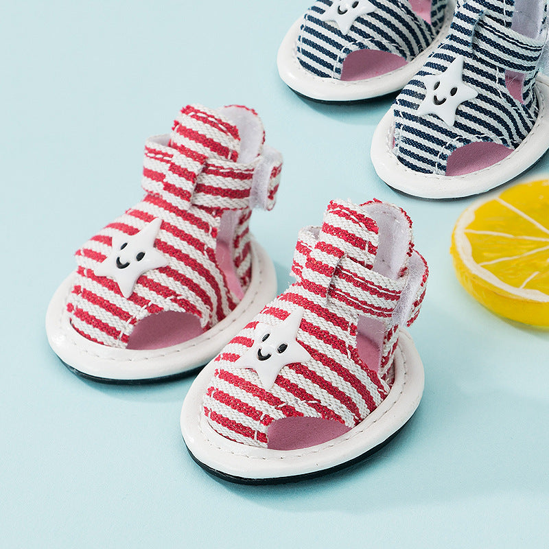 KFX-1482173 Striped Canvas Dog Sandals - Non-slip, Breathable Pet Shoes for Summer