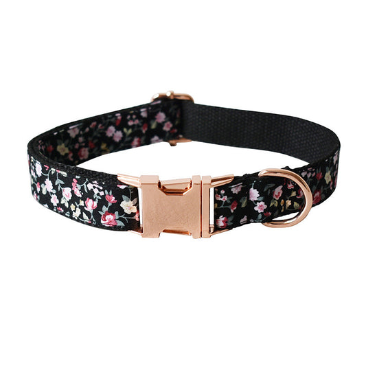 KFX-1485117 Durable Black Flower Polyester Pet Leash and Collar for Dogs and Cats, Adjustable Sizes S-XL