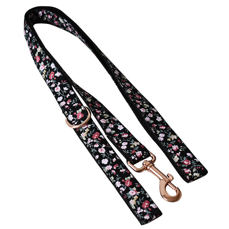 KFX-1485117 Durable Black Flower Polyester Pet Leash and Collar for Dogs and Cats, Adjustable Sizes S-XL
