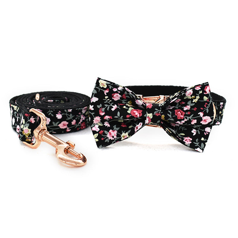 KFX-1485117 Durable Black Flower Polyester Pet Leash and Collar for Dogs and Cats, Adjustable Sizes S-XL