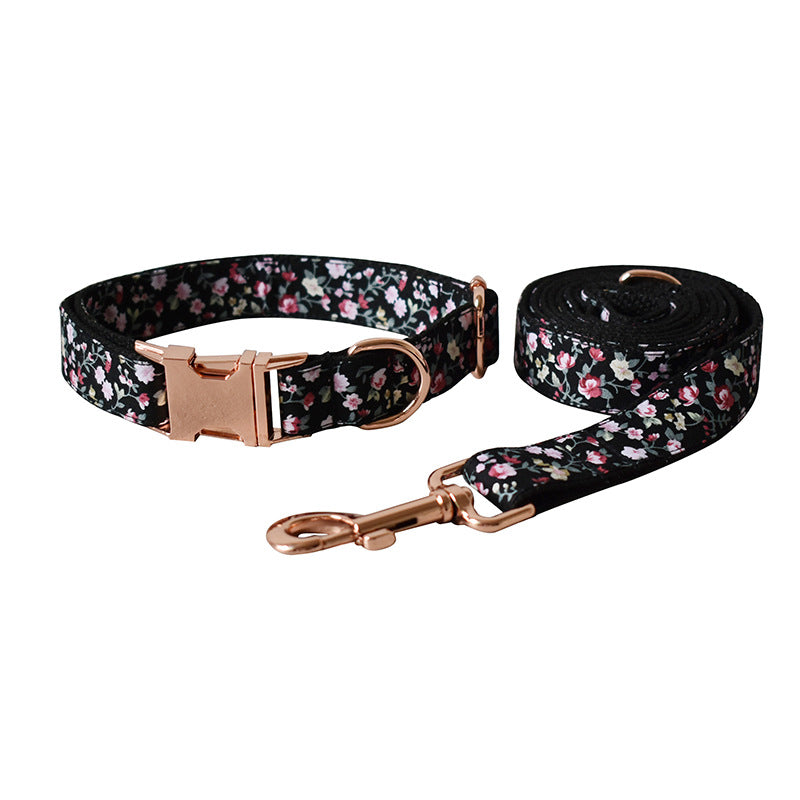 KFX-1485117 Durable Black Flower Polyester Pet Leash and Collar for Dogs and Cats, Adjustable Sizes S-XL