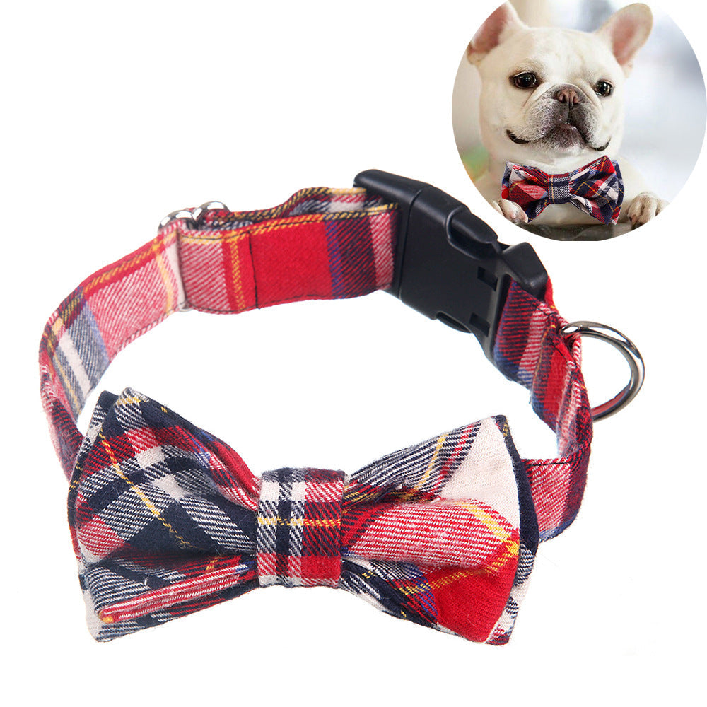 KFX-1498813 Grid Pattern Pet Bow Collar for Small and Medium Dogs, Adjustable Neck Size