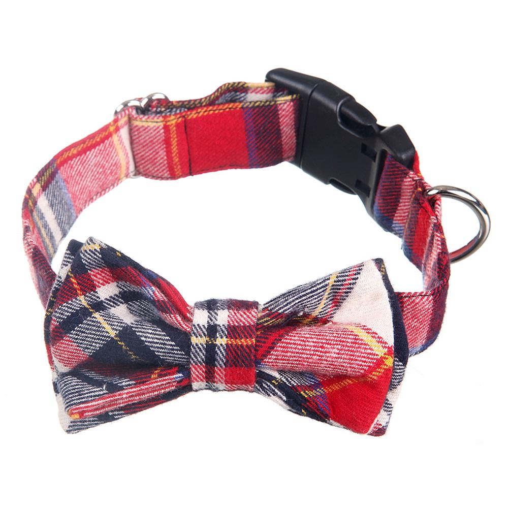 KFX-1498813 Grid Pattern Pet Bow Collar for Small and Medium Dogs, Adjustable Neck Size