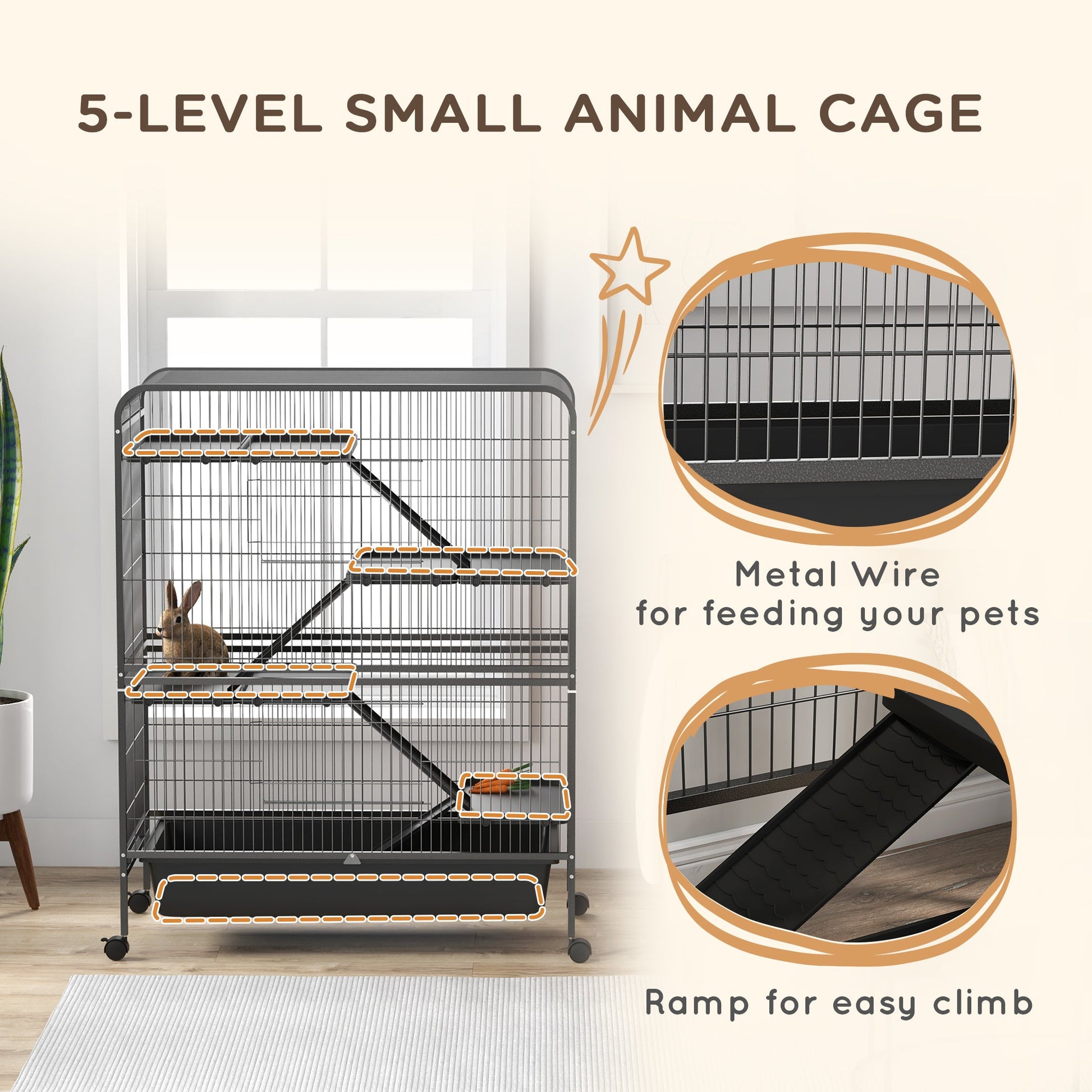 KFX-1500477 Five-Tier Small Animal Cage with Ramps and Removable Tray, 53.5"H Metal Ferret Habitat