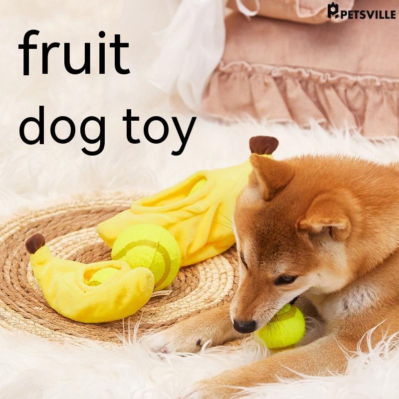 KFX-1503421 Elastic Plush Pet Toy Ball Set - Avocado, Watermelon, Banana, and Pea Shapes - Fun with Loud Paper Sound