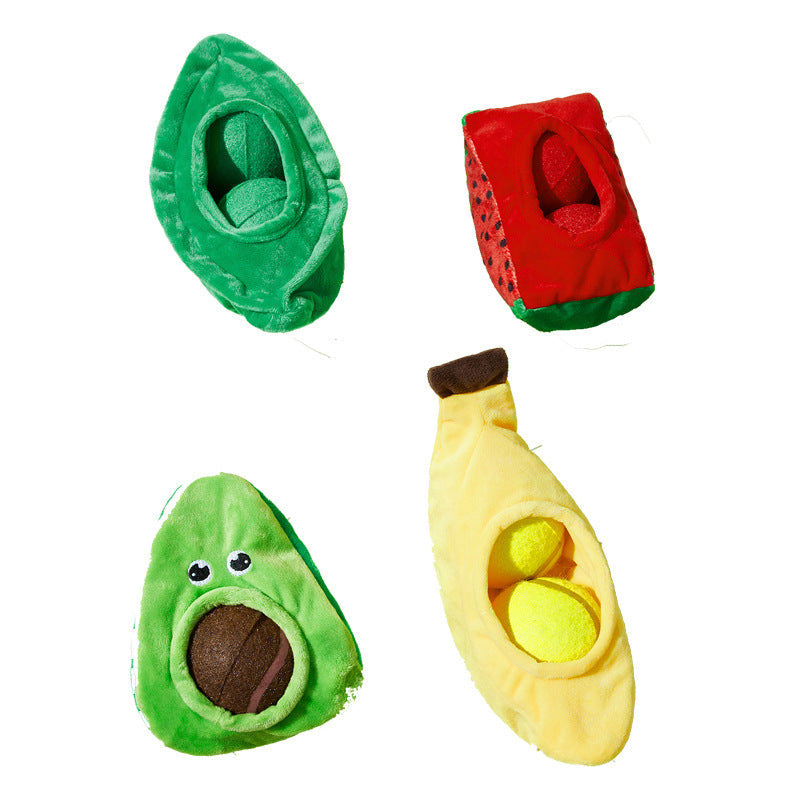 KFX-1503421 Elastic Plush Pet Toy Ball Set - Avocado, Watermelon, Banana, and Pea Shapes - Fun with Loud Paper Sound