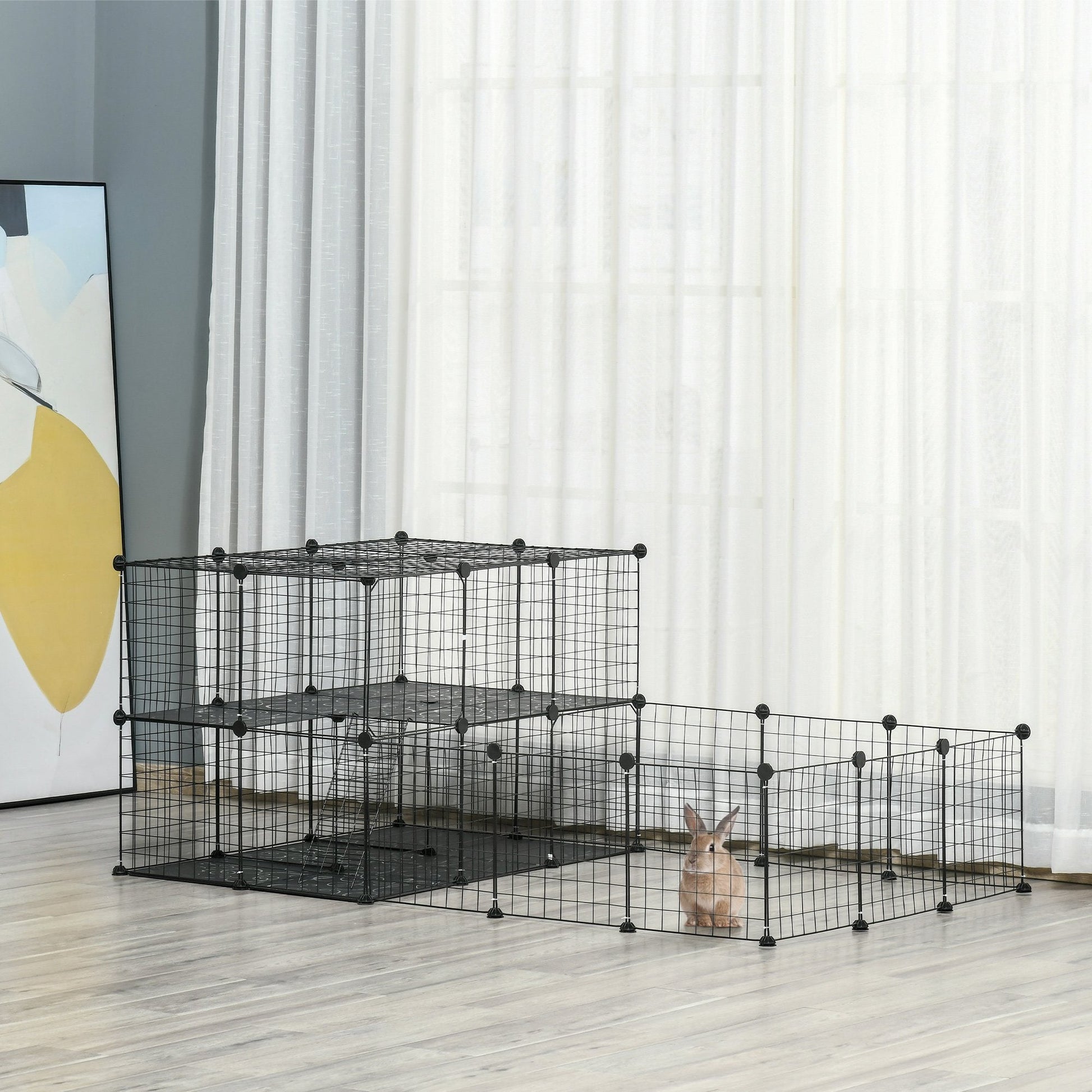 KFX-1506237 Black Pet Playpen with Door - Metal Mesh Cage for Small Animals, Includes Mallet and Non-Slip Mats