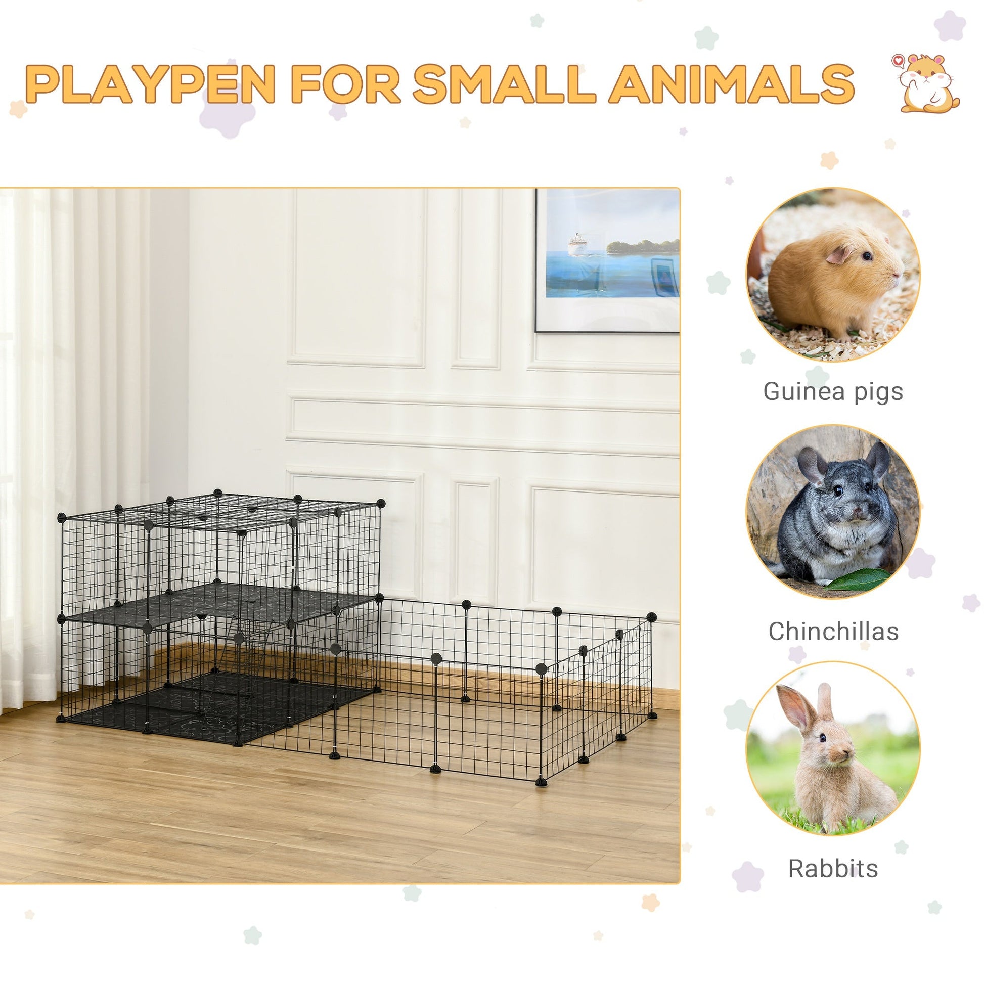 KFX-1506237 Black Pet Playpen with Door - Metal Mesh Cage for Small Animals, Includes Mallet and Non-Slip Mats