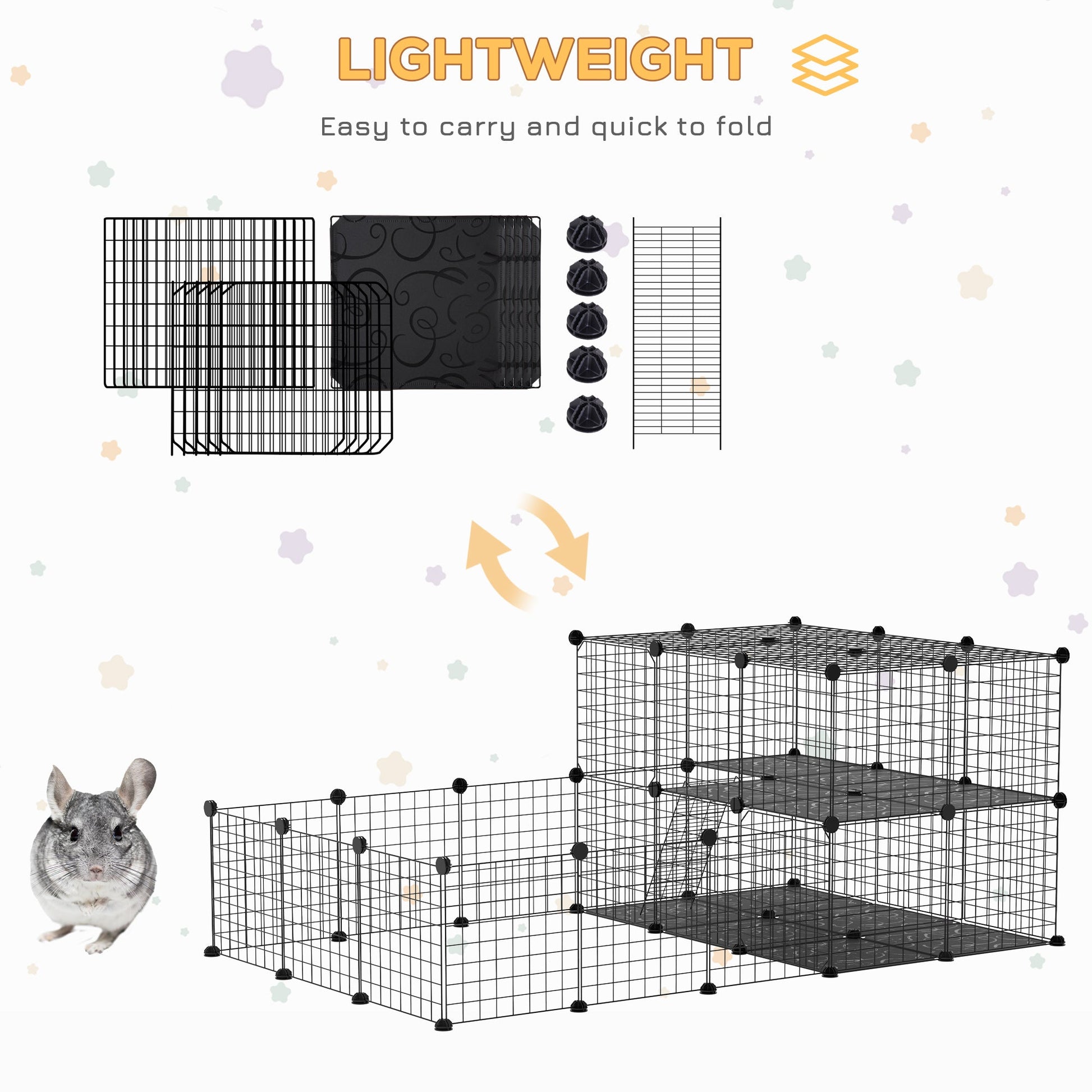 KFX-1506237 Black Pet Playpen with Door - Metal Mesh Cage for Small Animals, Includes Mallet and Non-Slip Mats