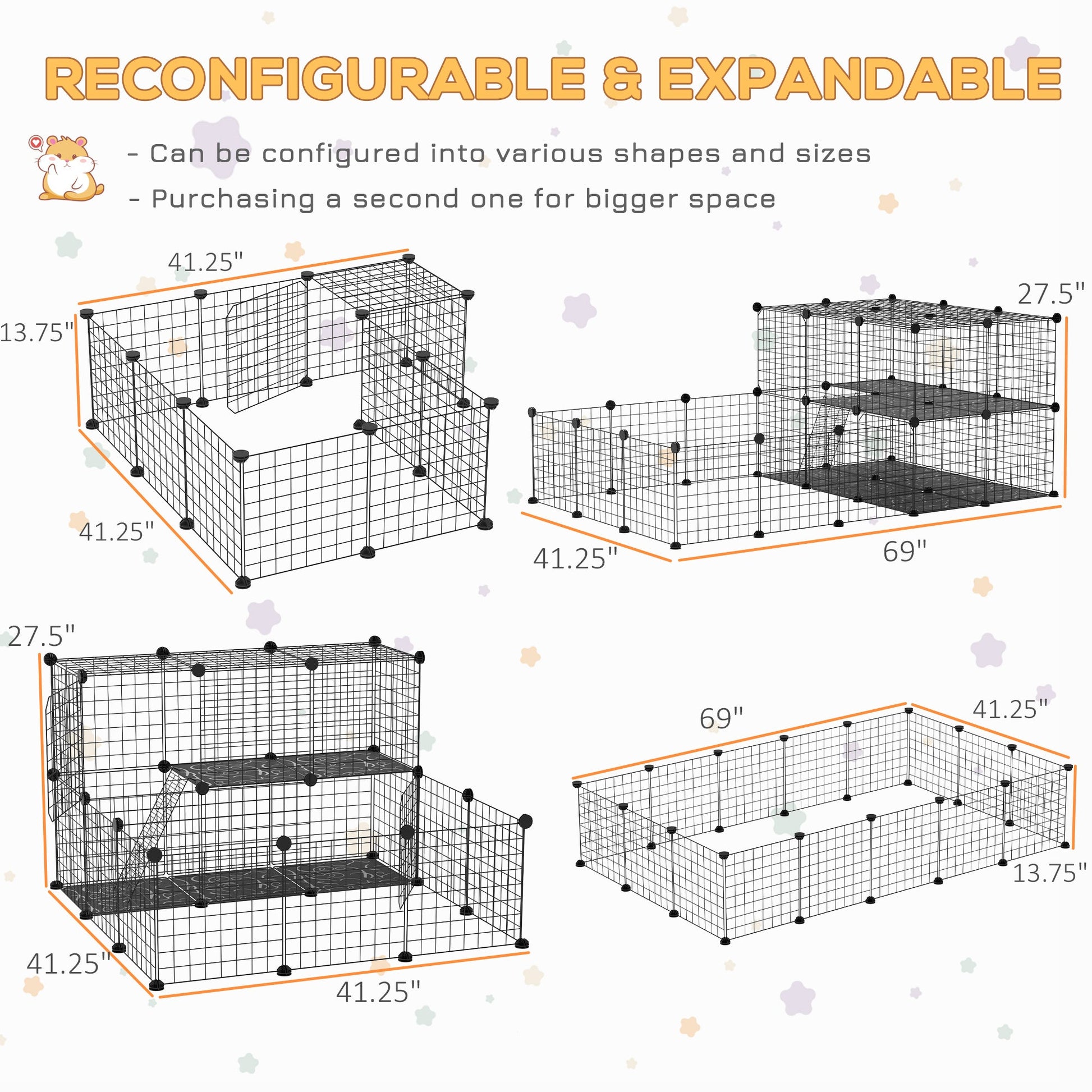 KFX-1506237 Black Pet Playpen with Door - Metal Mesh Cage for Small Animals, Includes Mallet and Non-Slip Mats