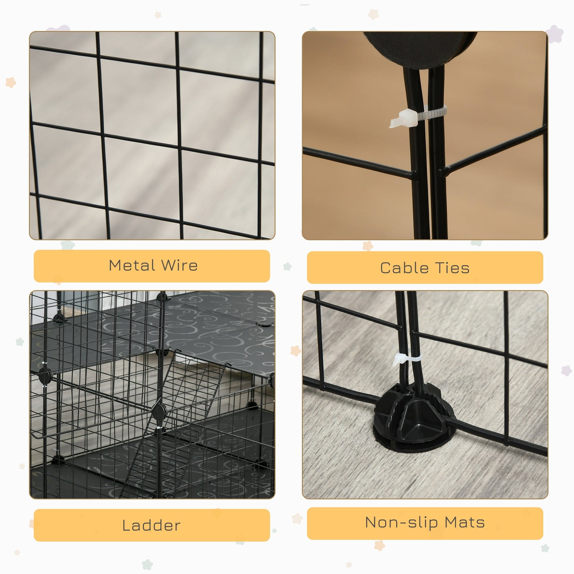 KFX-1506237 Black Pet Playpen with Door - Metal Mesh Cage for Small Animals, Includes Mallet and Non-Slip Mats