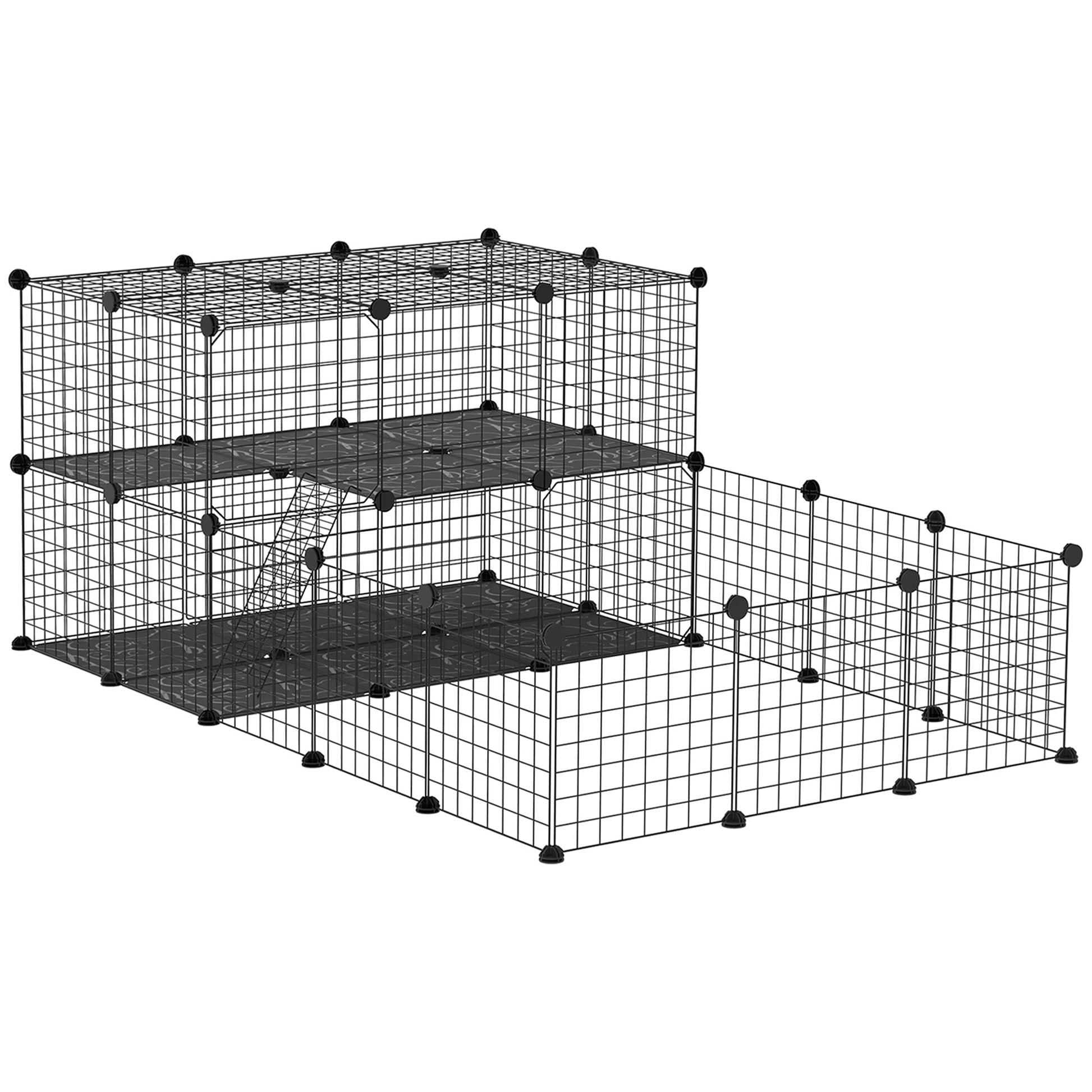KFX-1506237 Black Pet Playpen with Door - Metal Mesh Cage for Small Animals, Includes Mallet and Non-Slip Mats
