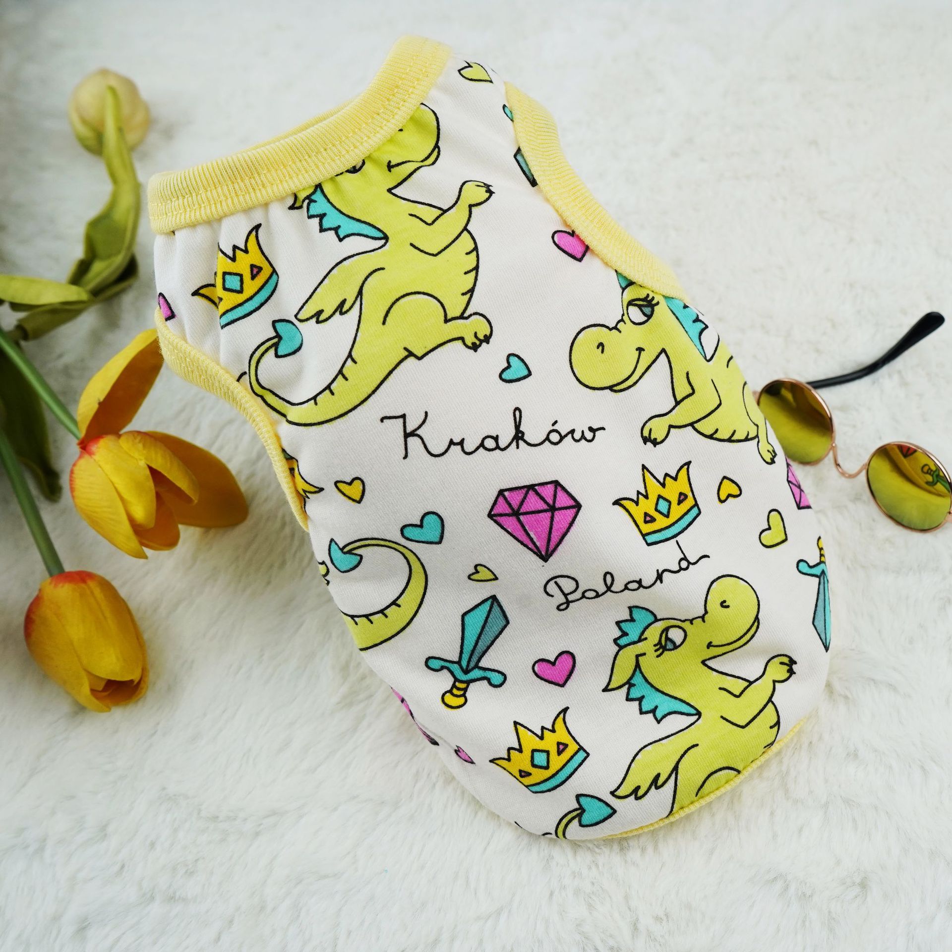 KFX-1508925 Cute Cartoon Dog Vest in Polyester – Multiple Designs: Dinosaur World, Crown Dinosaur, Mermaid, Sizes XS to XL