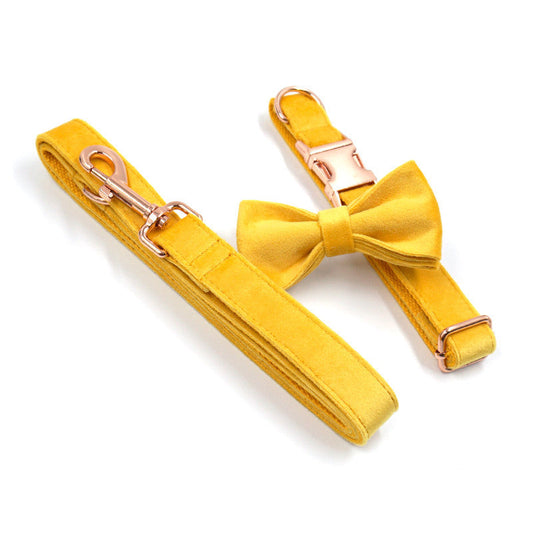 KFX-1512125 Turmeric Velvet Dog Collar Set with Rose Gold Buckle and Bow