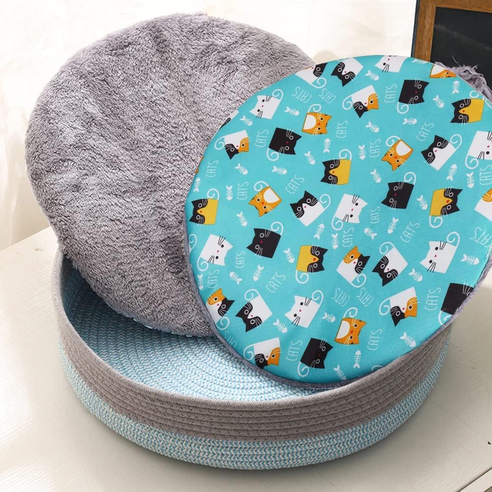KFX-1515581 Cozy Cooling Round Cat Bed with Wicker Design, Washable Cotton Nest for Indoor Cats