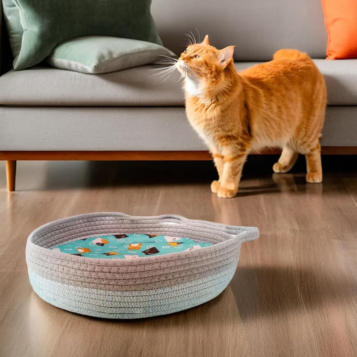 KFX-1515581 Cozy Cooling Round Cat Bed with Wicker Design, Washable Cotton Nest for Indoor Cats