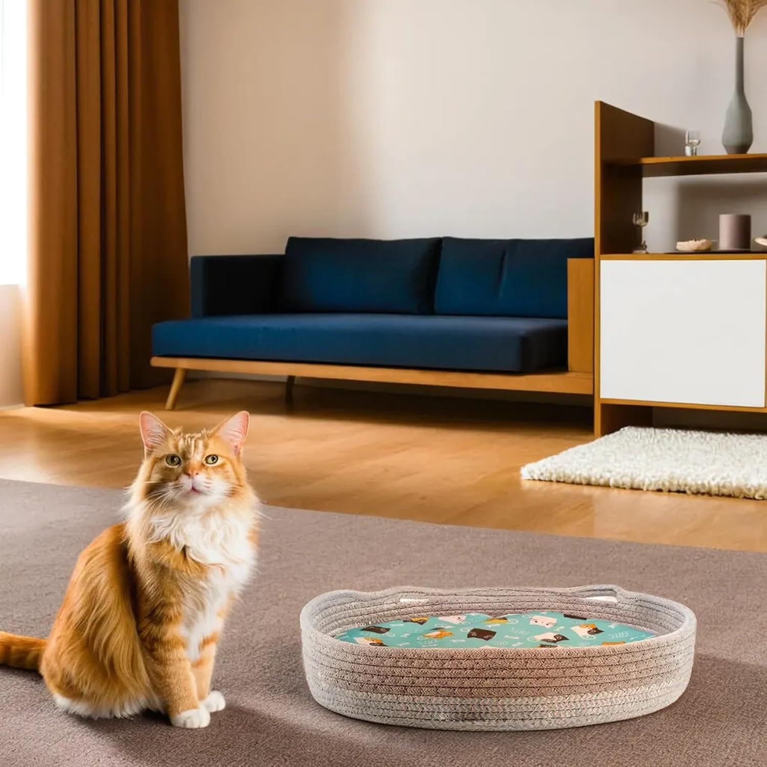 KFX-1515581 Cozy Cooling Round Cat Bed with Wicker Design, Washable Cotton Nest for Indoor Cats