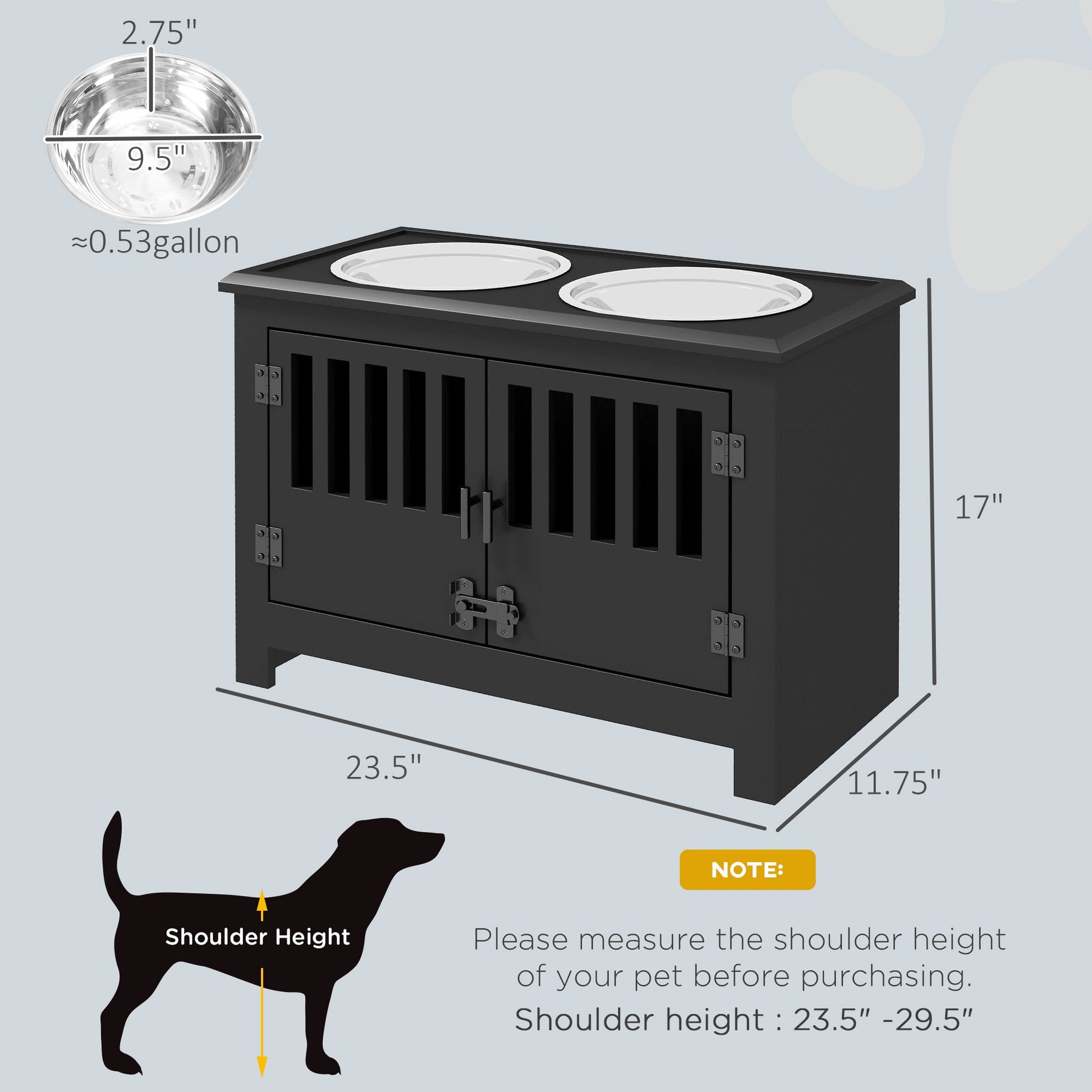 KFX-1518269 Dog Food Storage Cabinet with Stainless Steel Bowls and Elevated Feeding Station, Black Finish