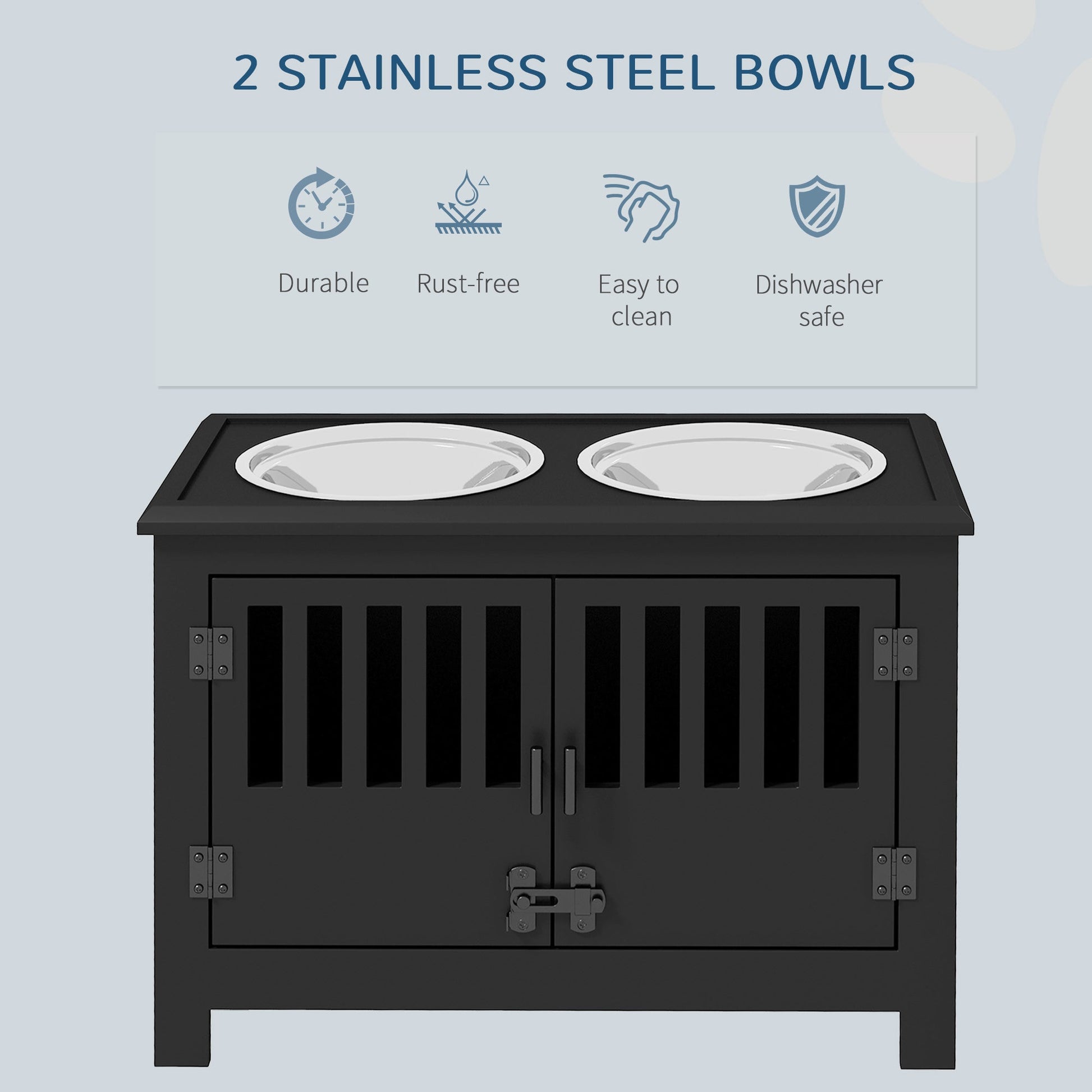 KFX-1518269 Dog Food Storage Cabinet with Stainless Steel Bowls and Elevated Feeding Station, Black Finish