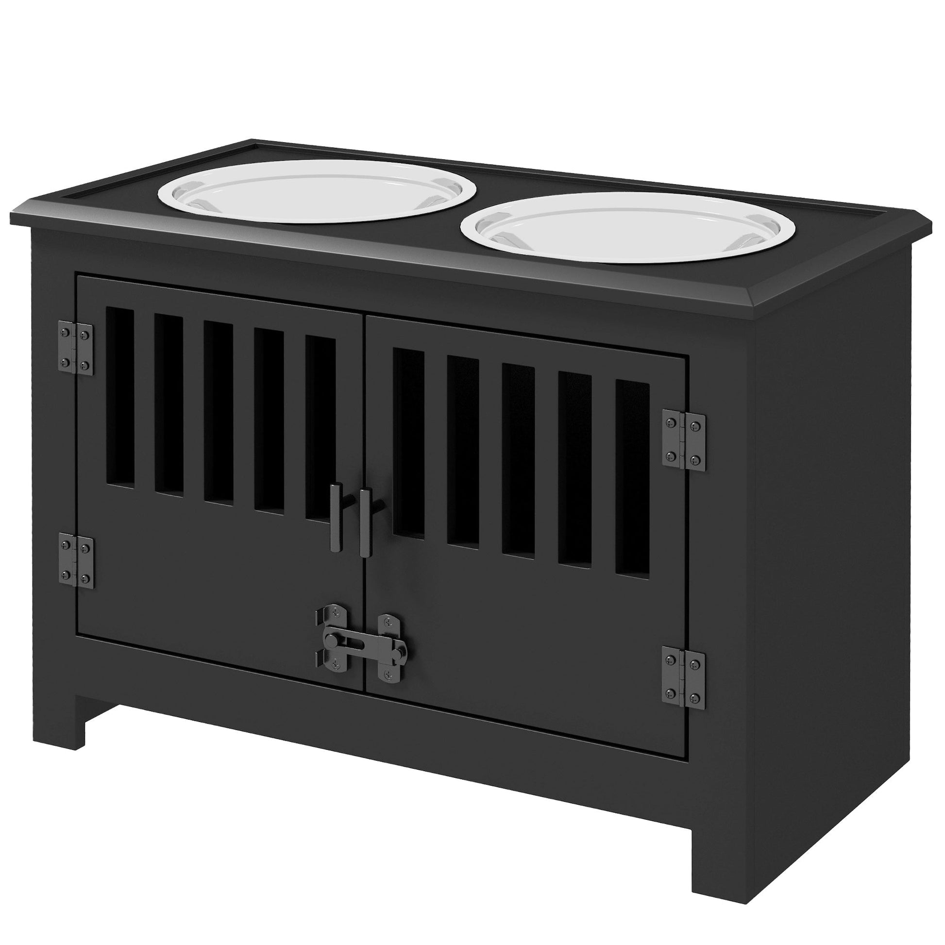 KFX-1518269 Dog Food Storage Cabinet with Stainless Steel Bowls and Elevated Feeding Station, Black Finish