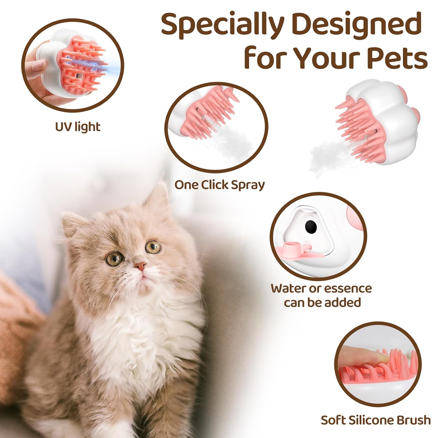 KFX-1521341 4-in-1 Steam Cat Brush for Grooming, Hair Removal, and Pet Massage