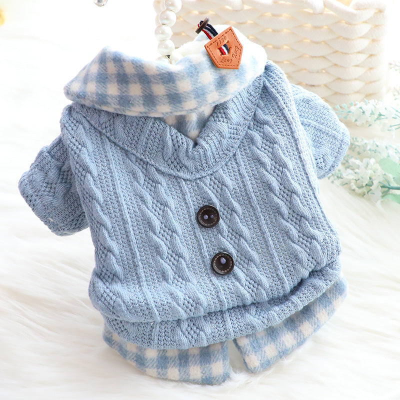 KFX-1521853 Fleece-Lined Wool Plaid Dog Sweater – Warm Cotton Fake Two Pieces in Blue & Pink