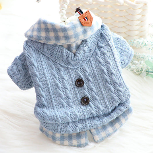 KFX-1521853 Fleece-Lined Wool Plaid Dog Sweater – Warm Cotton Fake Two Pieces in Blue & Pink
