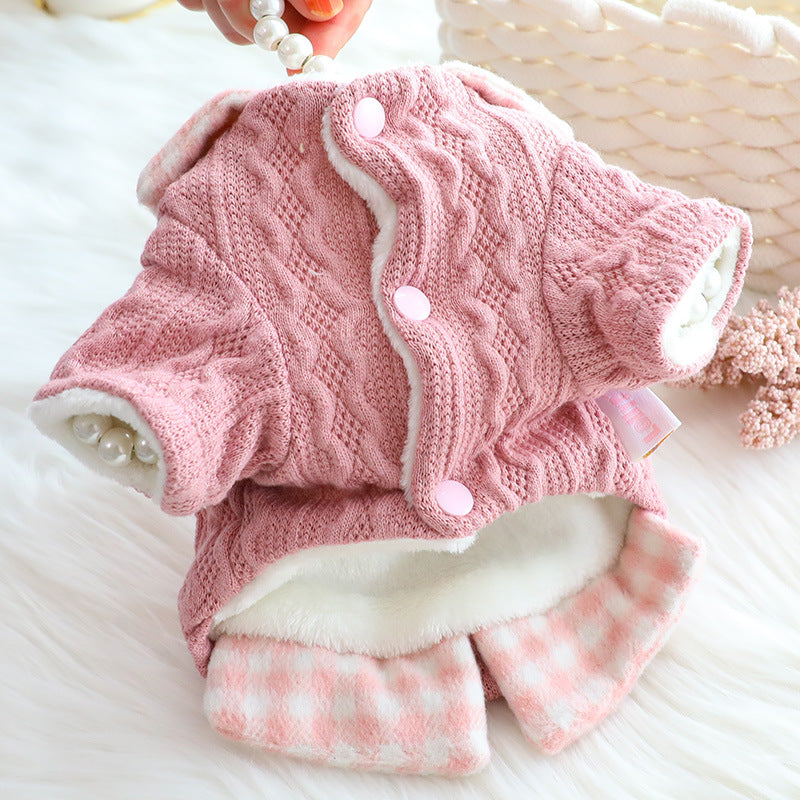 KFX-1521853 Fleece-Lined Wool Plaid Dog Sweater – Warm Cotton Fake Two Pieces in Blue & Pink