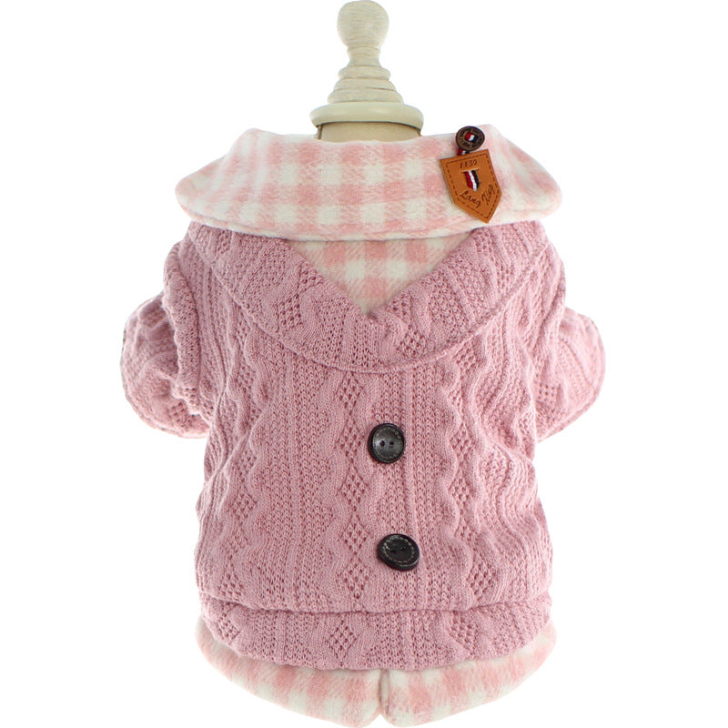 KFX-1521853 Fleece-Lined Wool Plaid Dog Sweater – Warm Cotton Fake Two Pieces in Blue & Pink