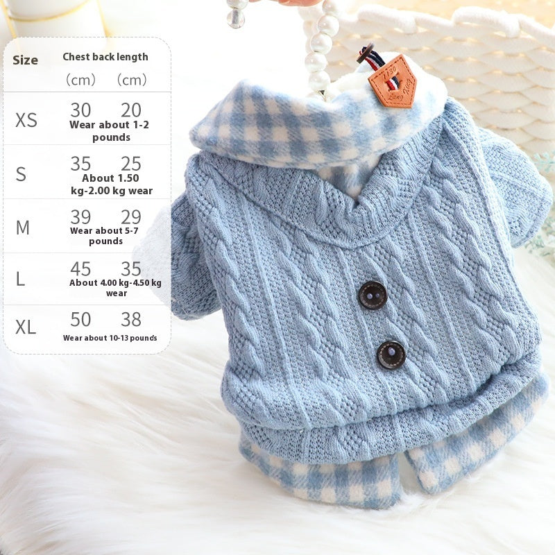 KFX-1521853 Fleece-Lined Wool Plaid Dog Sweater – Warm Cotton Fake Two Pieces in Blue & Pink