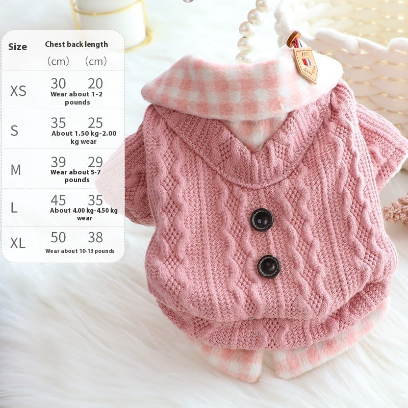KFX-1521853 Fleece-Lined Wool Plaid Dog Sweater – Warm Cotton Fake Two Pieces in Blue & Pink