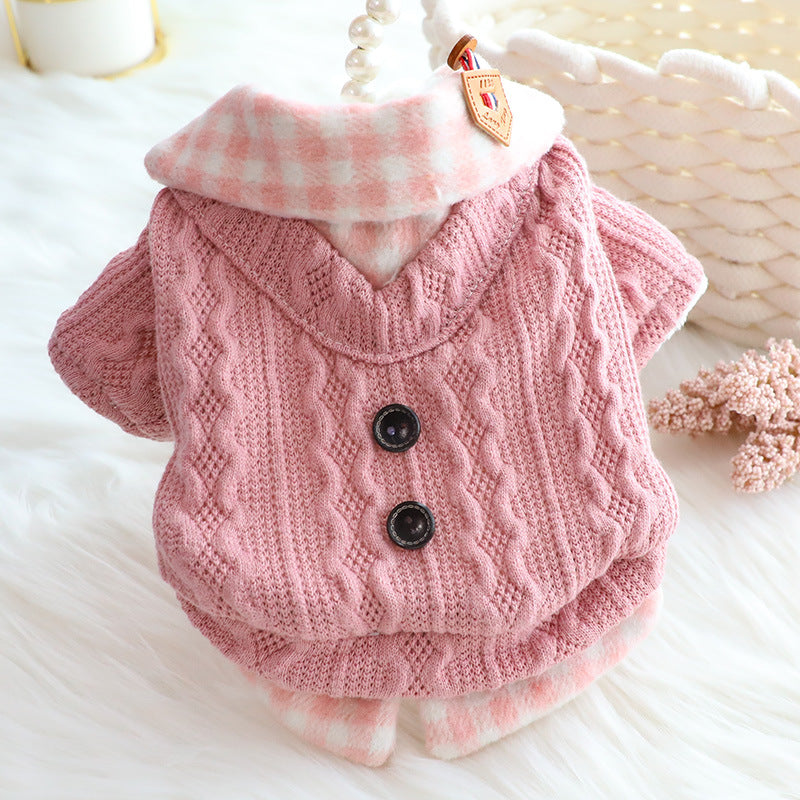 KFX-1521853 Fleece-Lined Wool Plaid Dog Sweater – Warm Cotton Fake Two Pieces in Blue & Pink