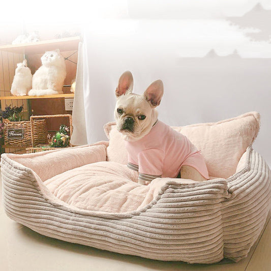 KFX-1523901 Cozy Removable Washable Plush Dog Bed with Corduroy Backrest - Medium & Large Sizes Available